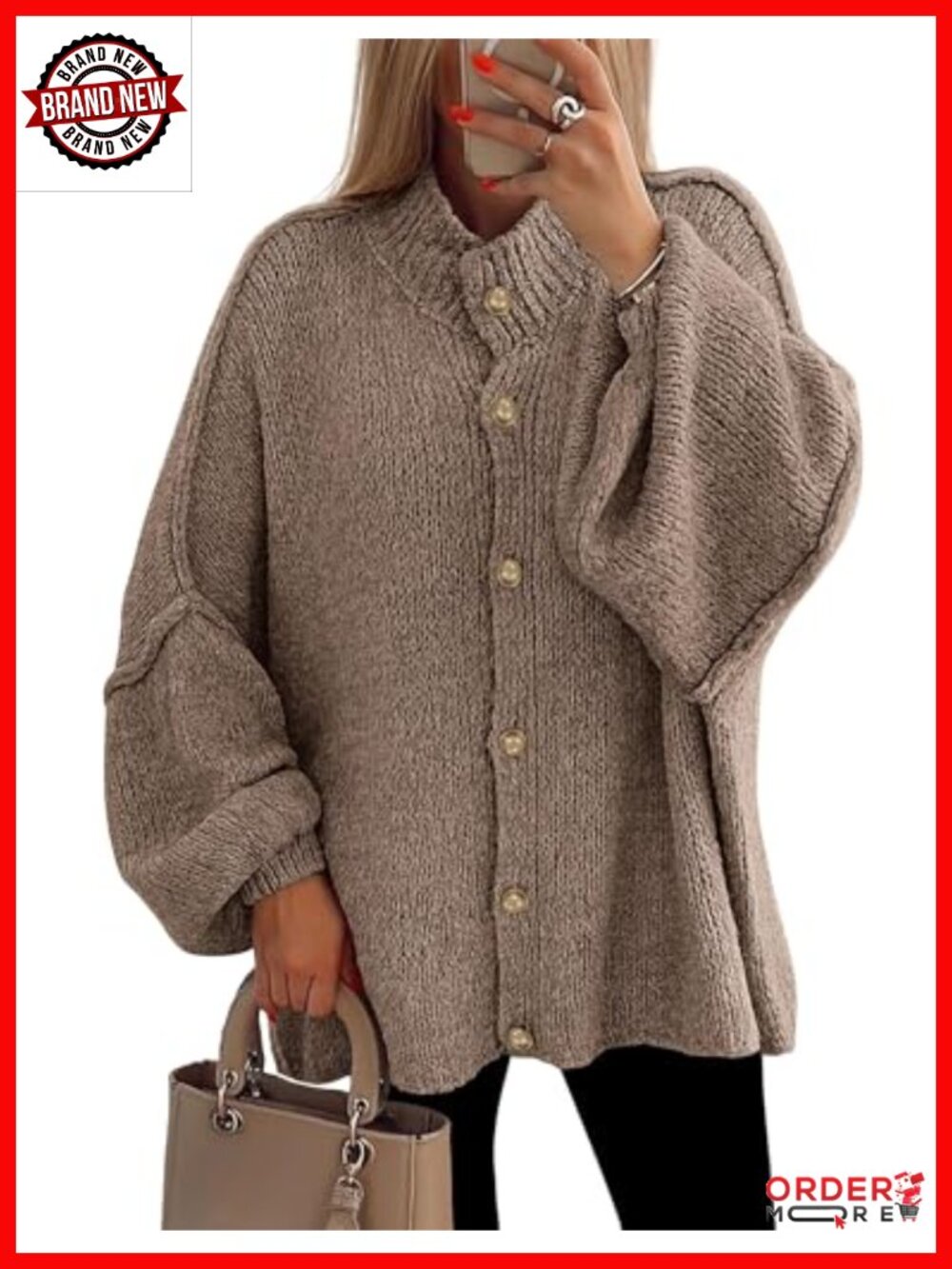 Oversized Chunky Knit Button Down Cardigan Sweater Mock Neck Lantern Sleeve